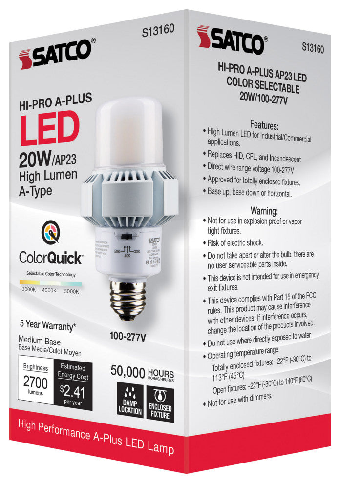 20W, A-Plus 23, LED, CCT Selectable 3K/4K/5K, Medium Base, Type B, Ballast