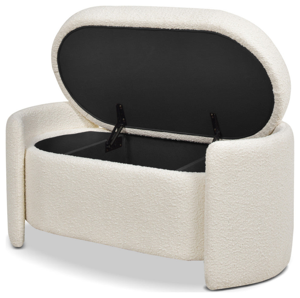 Fuji 43" Upholstered Oval Storage Bench, Ivory White Boucle