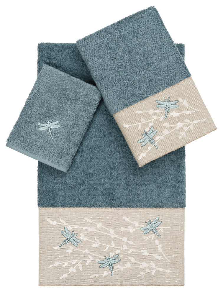 Linum Home Textiles Turkish Cotton Braelyn 3-Piece Embellished Towel Set, Teal