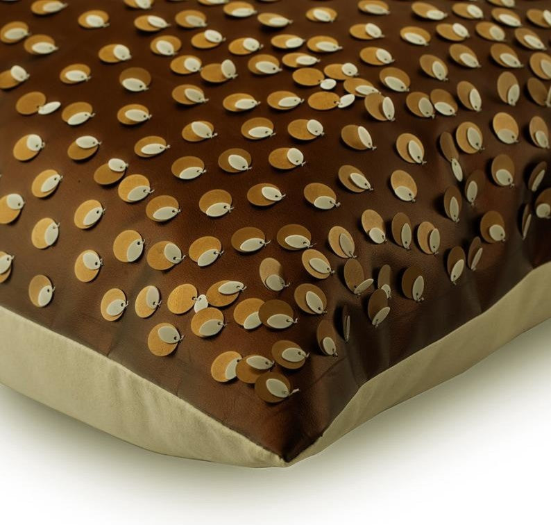 Sequins Embellished Brown Faux Leather & Suede 18"x18" Pillow Cover, Awestruck
