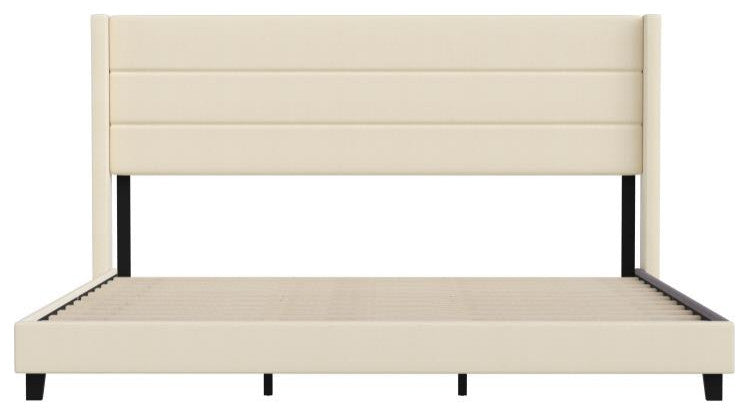 Hollis Upholstered Platform Bed with Wingback Headboard w/Mattress Foundation, Beige, King