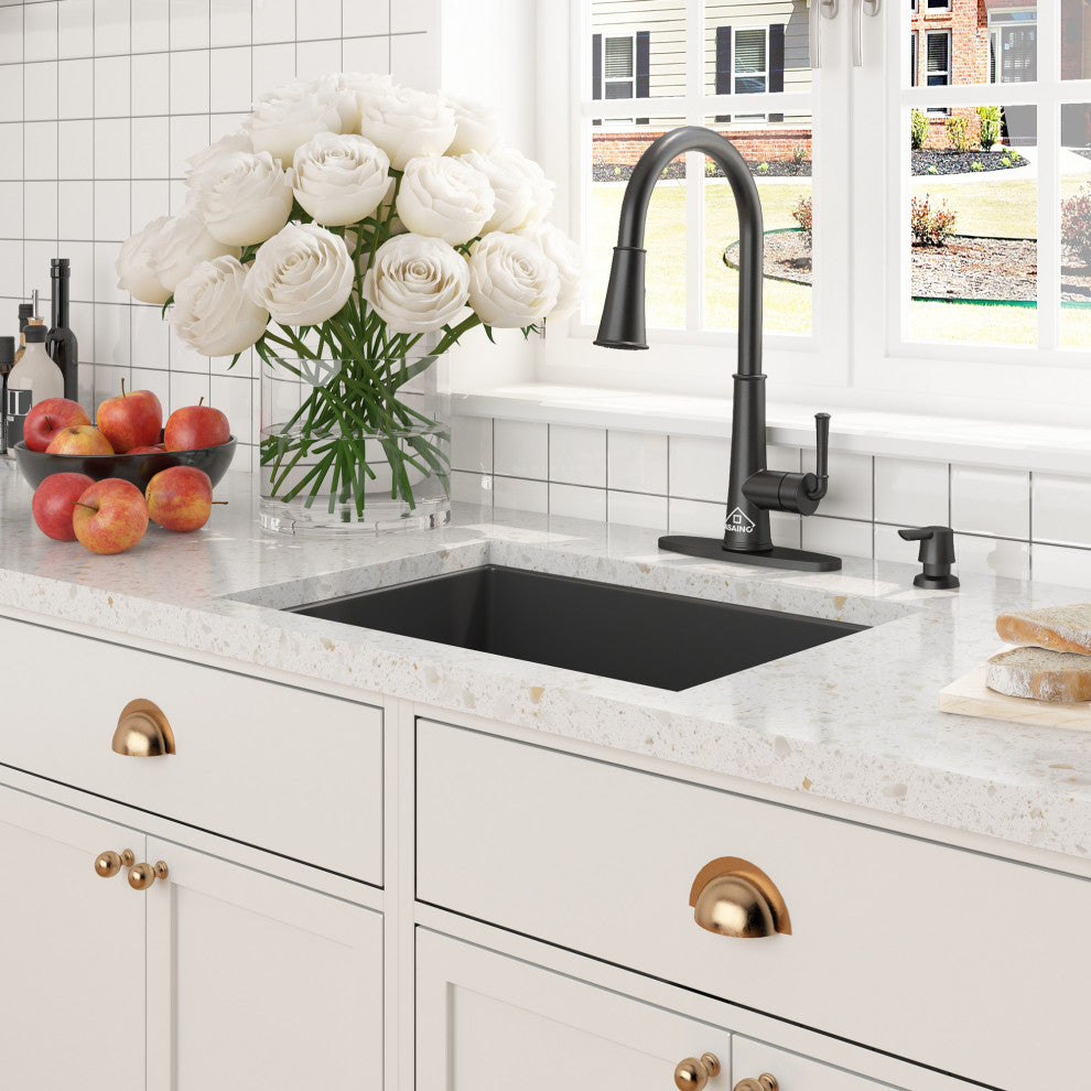 27in Undermount Single Bowl Fireclay Kitchen Sink with Grid and Drainer, Matte Black