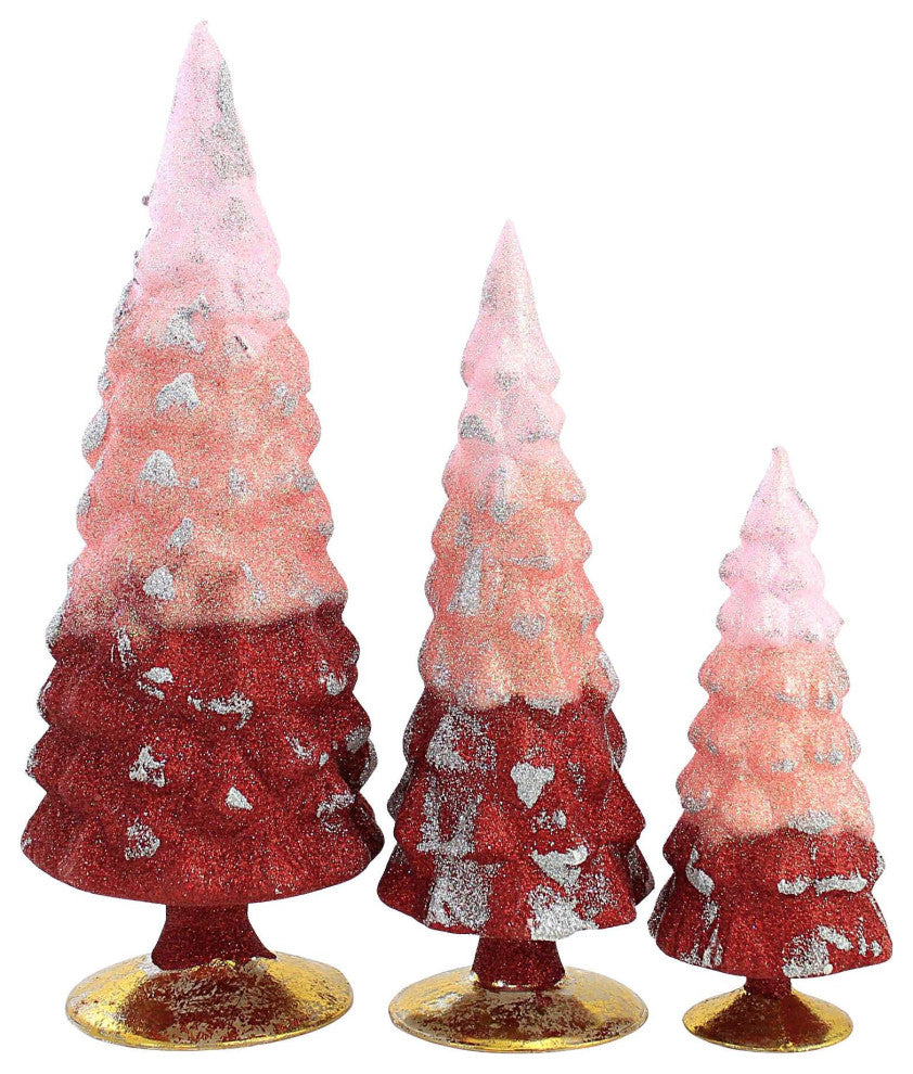 Christmas Red Glitter Gradient Trees Glass Set/3 Decorative Holiday Cd1607r