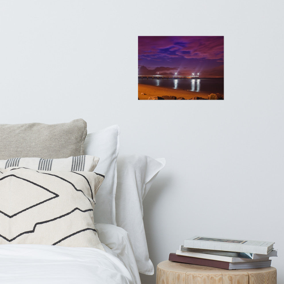 The Pier at Woodland Beach Night Coastal Photo Unframed Wall Art Print, 12" X 16"