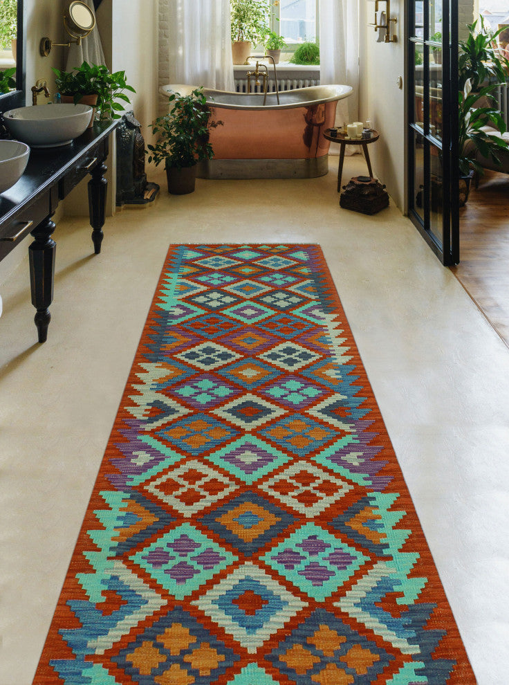 Sangat Kilim Hatima Red/Blue Runner, 2'5x9'5