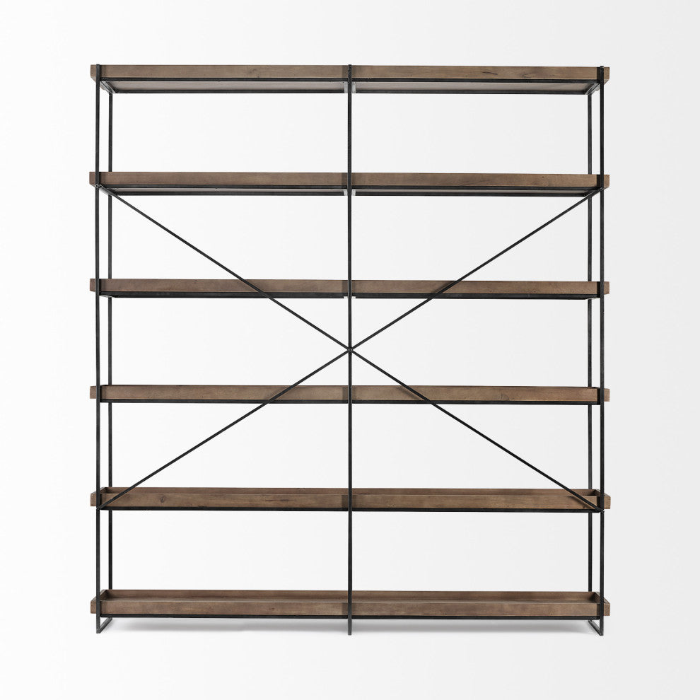 88" Black And Brown Iron and Wood Five Tier Bookcase