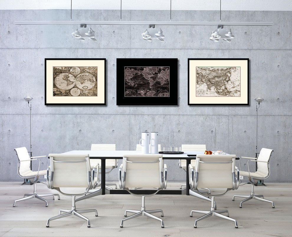 Asia Vintage Old Sepia Map Print On Canvas With Black Custom Frame, 16" X 21"