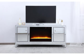 60" Mirrored Tv Stand With Crystal Fireplace Insert In Antique Silver