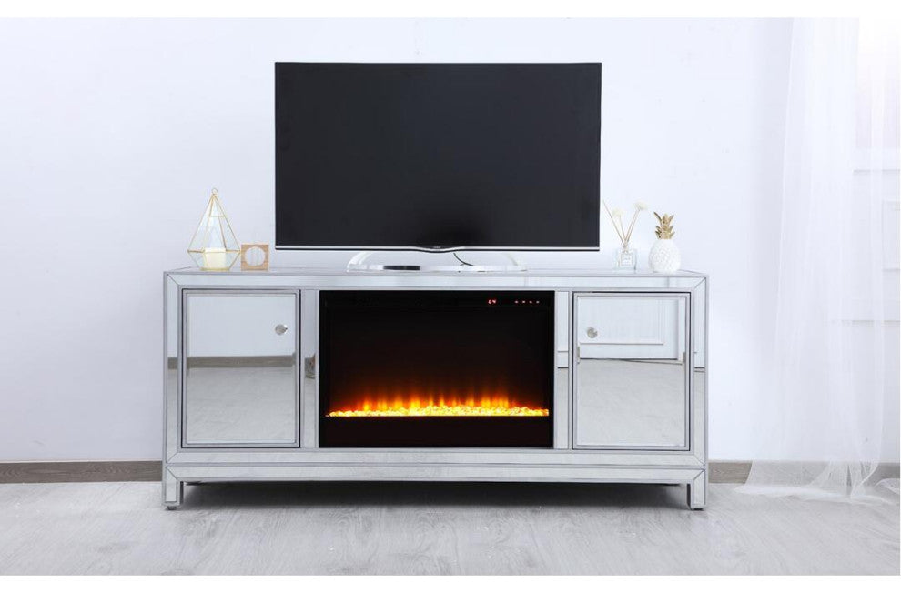 60" Mirrored Tv Stand With Crystal Fireplace Insert In Antique Silver