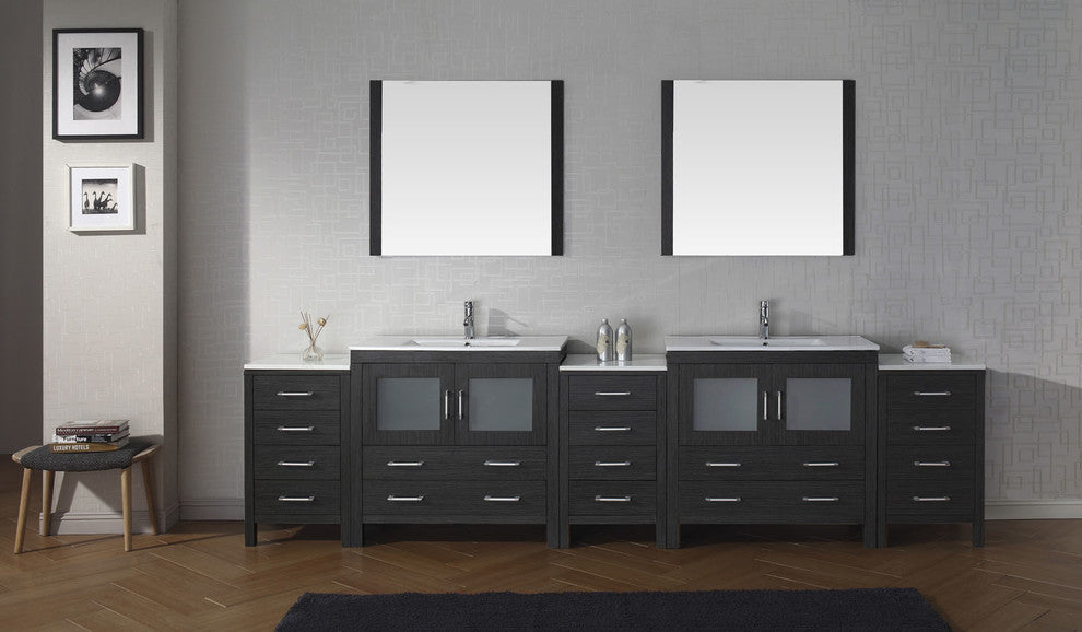 Virtu Dior 126" Double Bathroom Vanity, Zebra Gray, Faucet and Mirrors