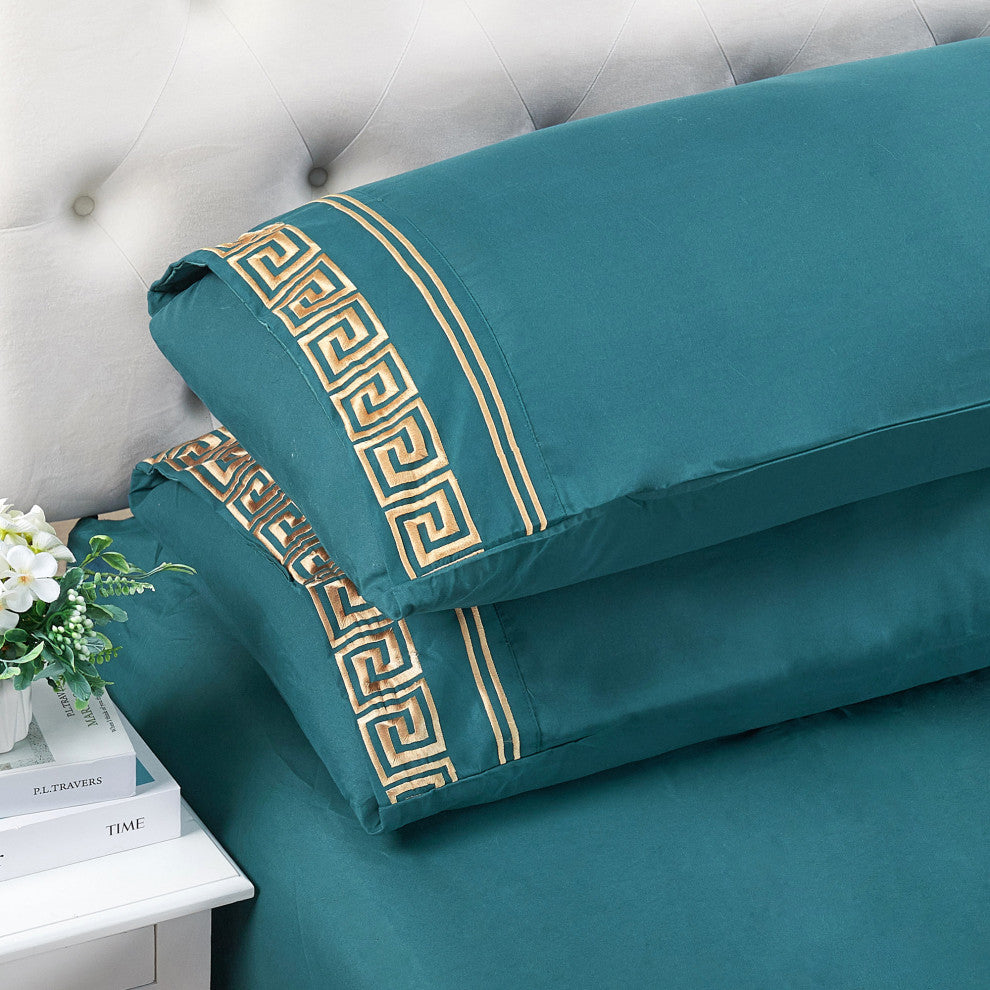 Serenta Greek Key Embroidered Microfiber 4 Piece Bed Sheet Set, Dark Teal, King