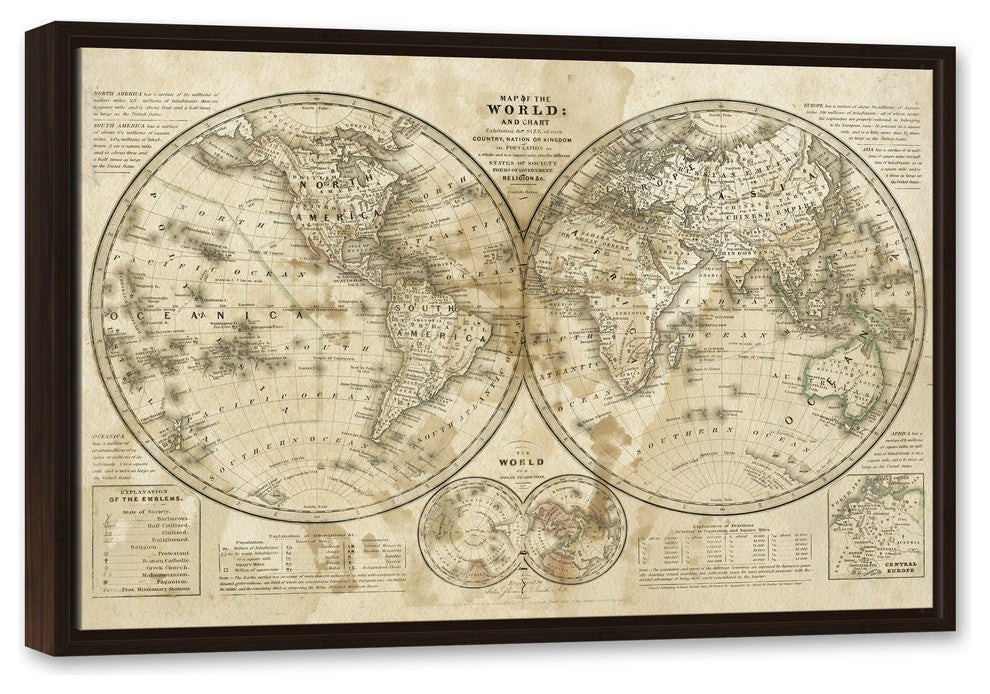 Distressed Vintage Hemispheres 20x30 Black Floating Framed Canvas