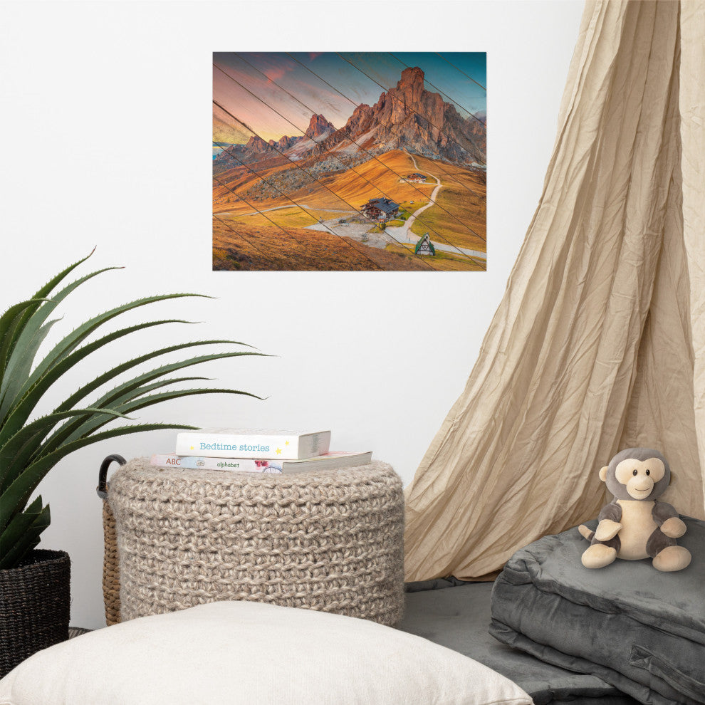 Faux Wood Majestic Sunset & Alpine Mountain Landscape Photo Wall Art Print, 16" X 20"