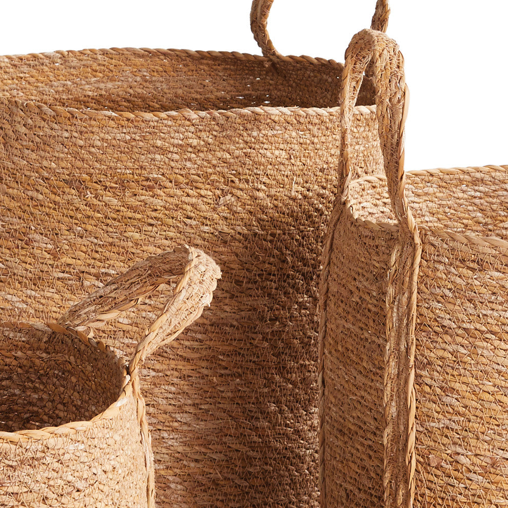 3-Piece Seagrass Round Basket Set With Long Handles