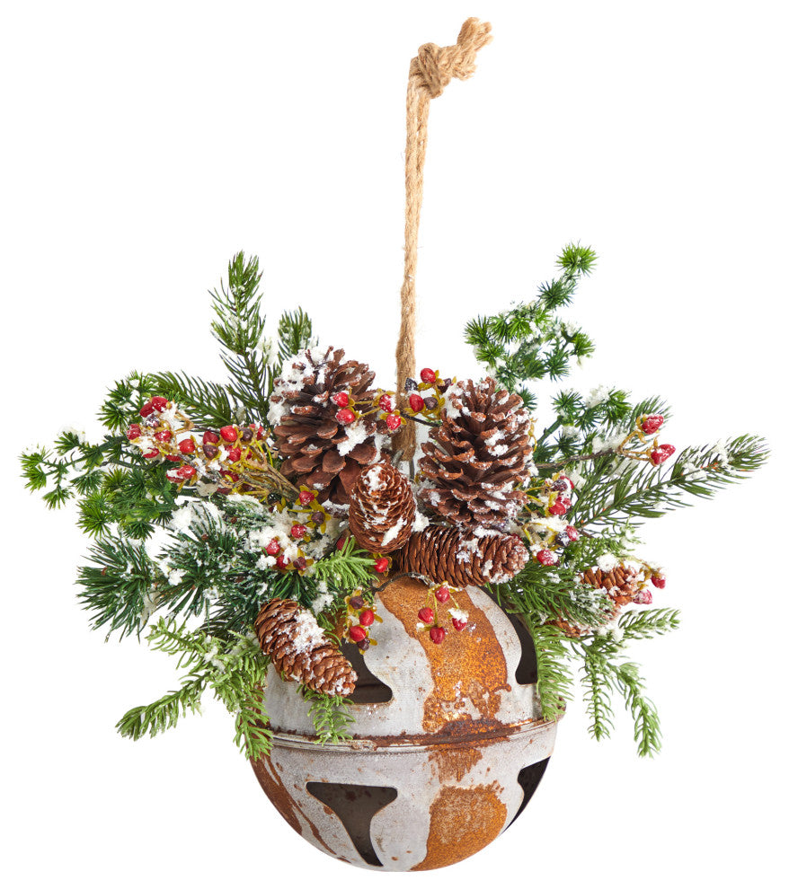 16" Holiday Xmas Jumbo Metal Bell Ornament With Faux Holly, Berries and Pine
