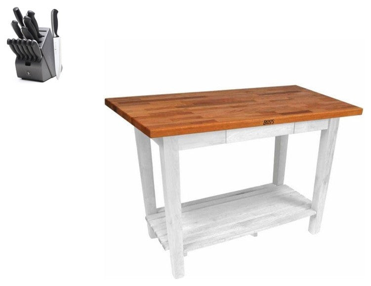 John Boos Maple Classic Country Table 36x25 and Henckels Knife Set, Alabaster, One Shelf, No Drawer, Casters