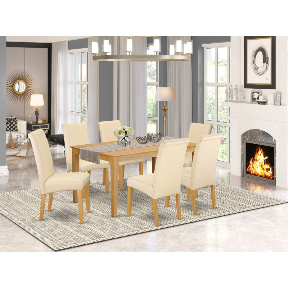 7-Piece Dining Room Table, Linen Beige Fabric Parson Chairs, Oak Chair Legs