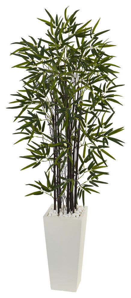 5.5' Black Bamboo Artificial Tree, White Tower Planter