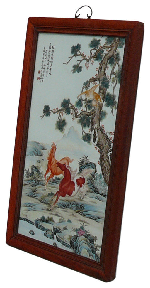 Chinese Rosewood Porcelain Monkey Horses Scenery Wall Plaque Panel