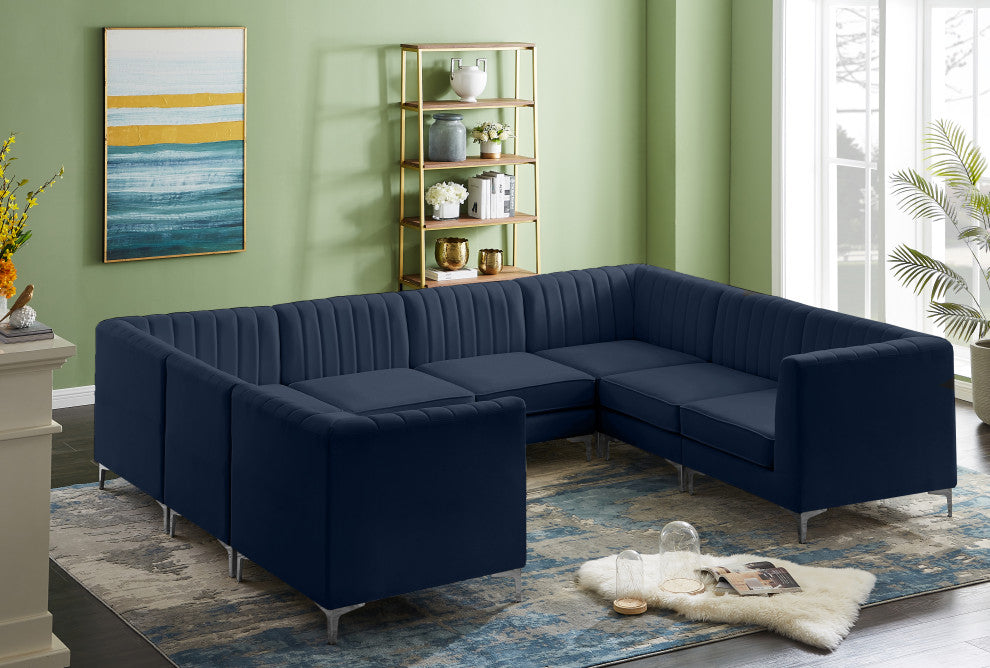 Alina Velvet Modular U-Shaped Sectional, Navy, 8-Piece: 4 Armless Chair, 4 Corner Chair