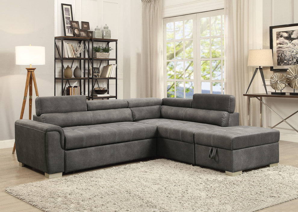 ACME Thelma Sectional Sofa With Sleeper and Ottoman, Gray Polished Microfiber
