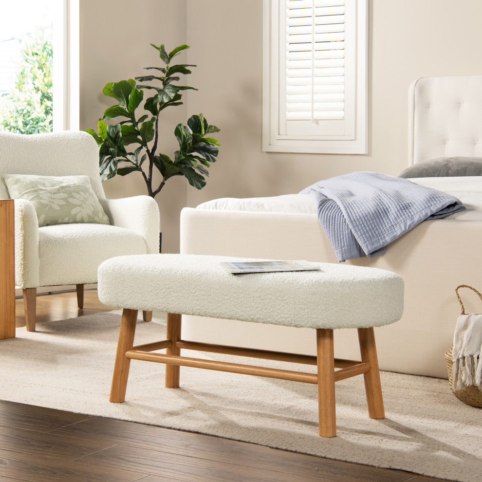Fuji 42" Upholstered Accent Bench With Natural Wood Legs, Ivory White Boucle
