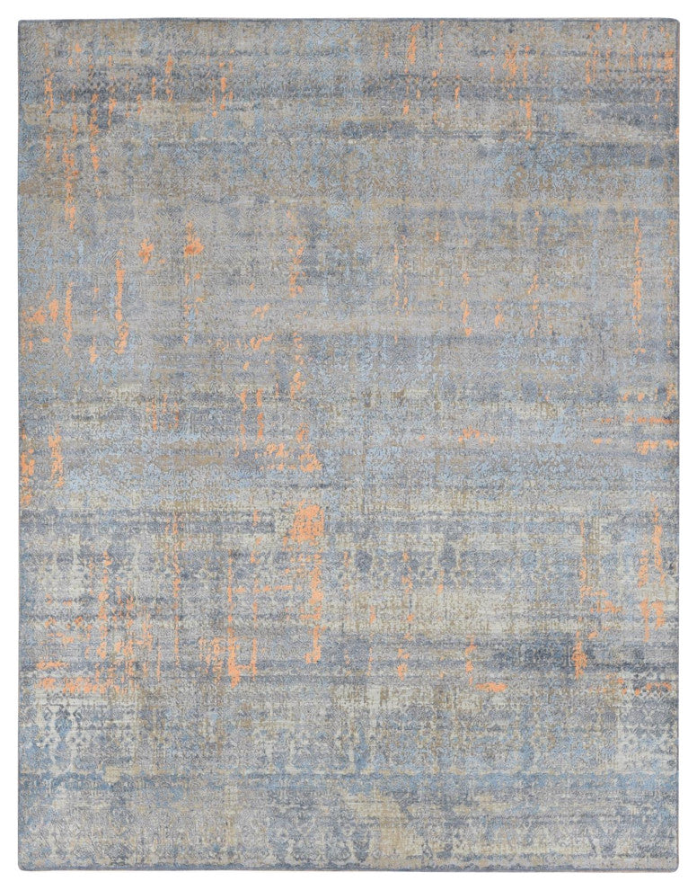 Blue Silk with Wool Tone on Tone Modern Design Hand Knotted Rug 8' x 10'
