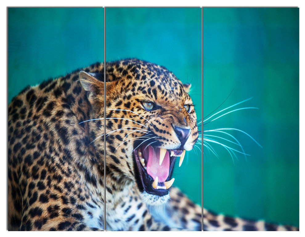 Wild Leopard Close Up View, Abstract Triptych Canvas Art Print, 36x28, 3 Panels