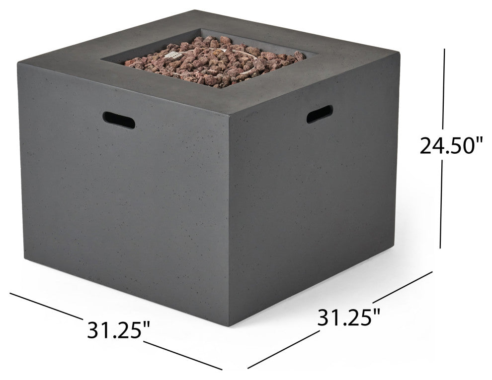GDF Studio Leo Outdoor 31" Square Light Weight Concrete Gas Burning Fire Pit, Dark Gray