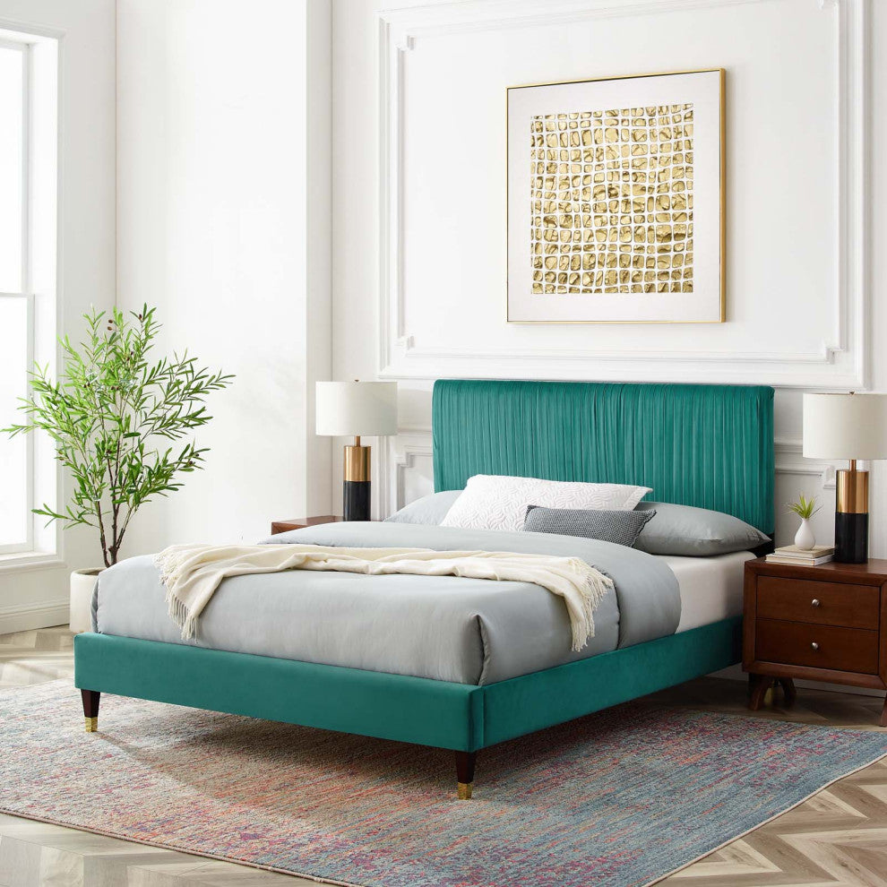 Platform Bed Frame, Full Size, Velvet, Teal Blue, Modern Contemporary, Bedroom