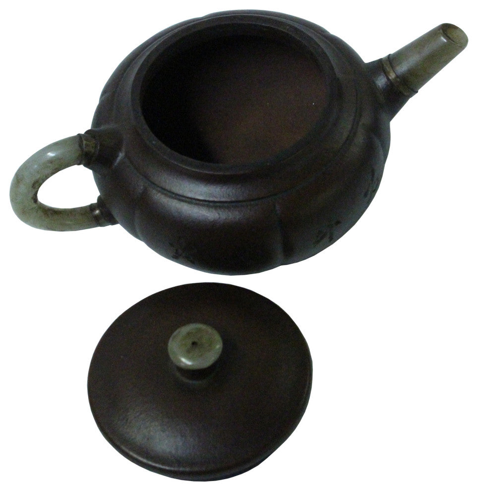 Chinese Zisha Clay Medium Brown Jade Stone Handle Teapot Display Art Hws998