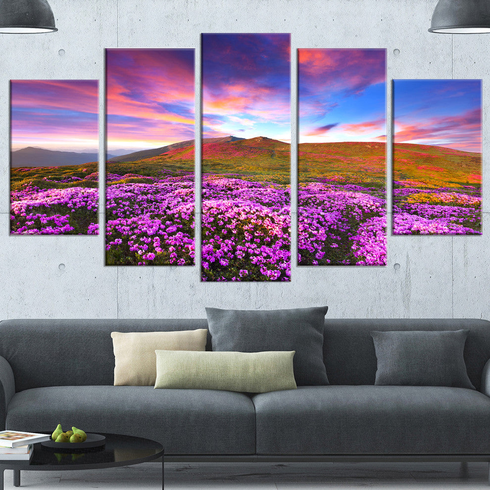 Magic Pink Rhododendron Flowers, Large Landscape Canvas Print, 60"x32", 5 Panels