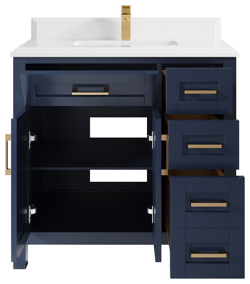 Cambridge 36 Center Sink Bath Vanity in Hale Navy Blue 1.5" White Quartz