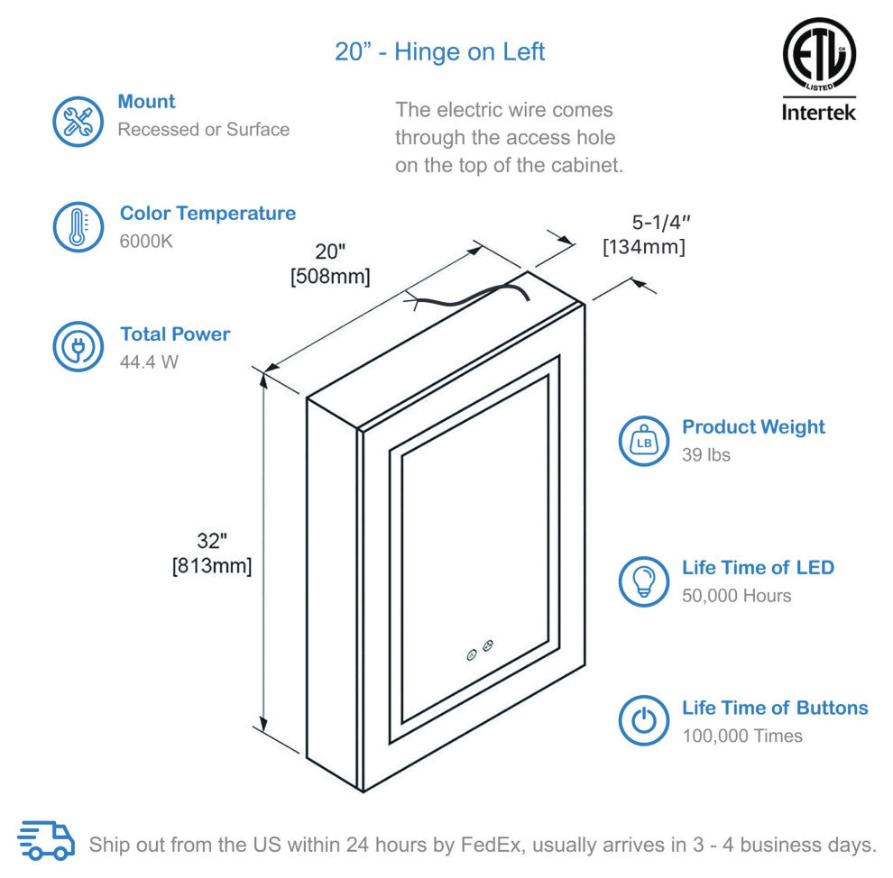 LED Medicine Cabinet With Defogger, 20/L