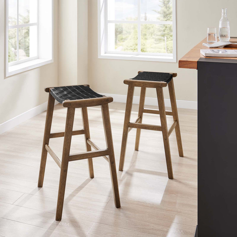 Saoirse Faux Leather Wood Bar Stool, Set of 2, Walnut Black
