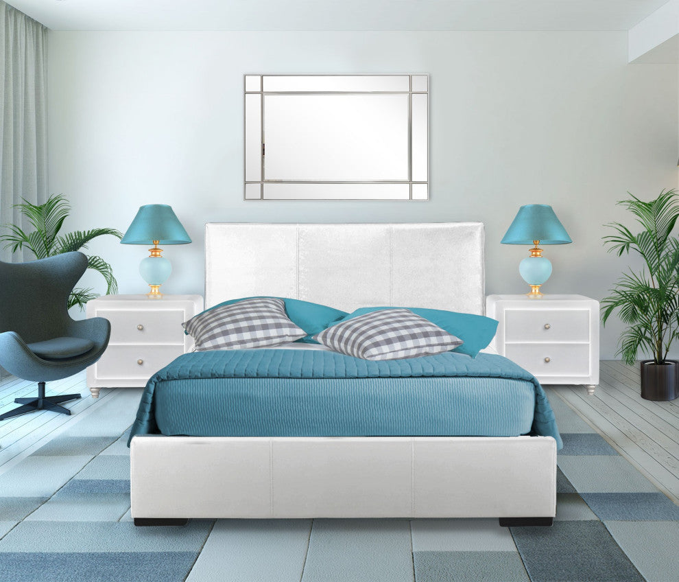 White Upholstered Platform King Bed With Two Nightstands