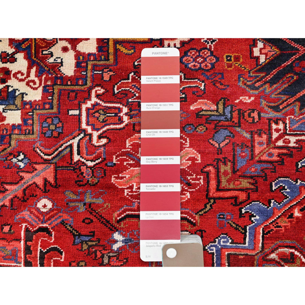 Cardinals Red Pure Wool Hand Knotted Semi Antique Persian Heriz Rug 9'4"x12'5"