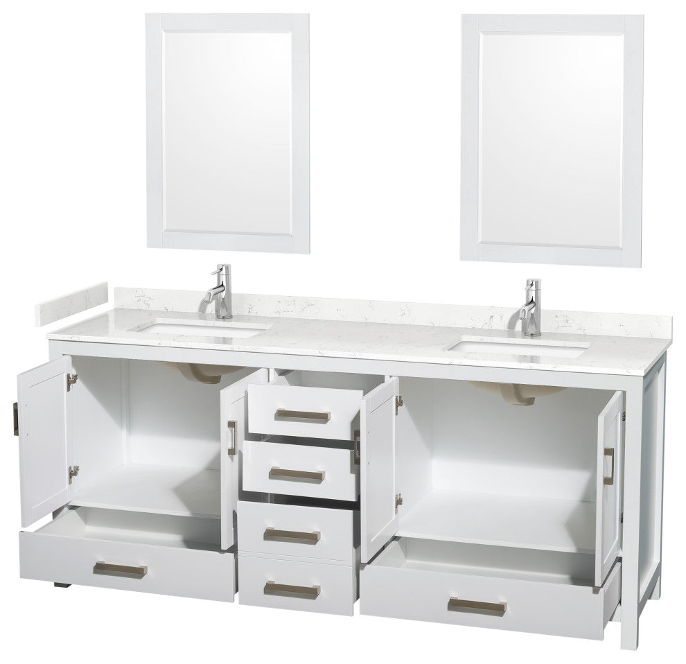 80"DBL Bathroom Vanity White, Carrara Cult. Marble Countertop, Sinks, 24"Mirrors