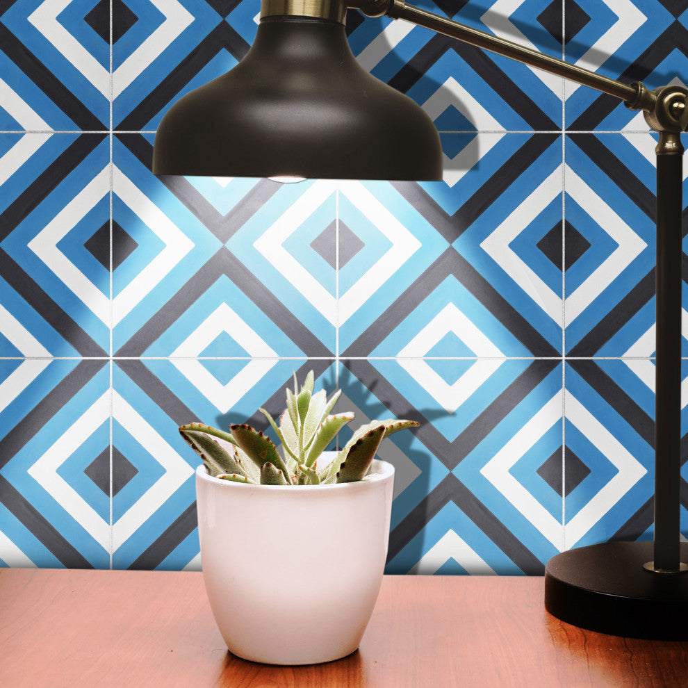 Jadida Handmade Cement Tile, Blue/Black/White, Sample