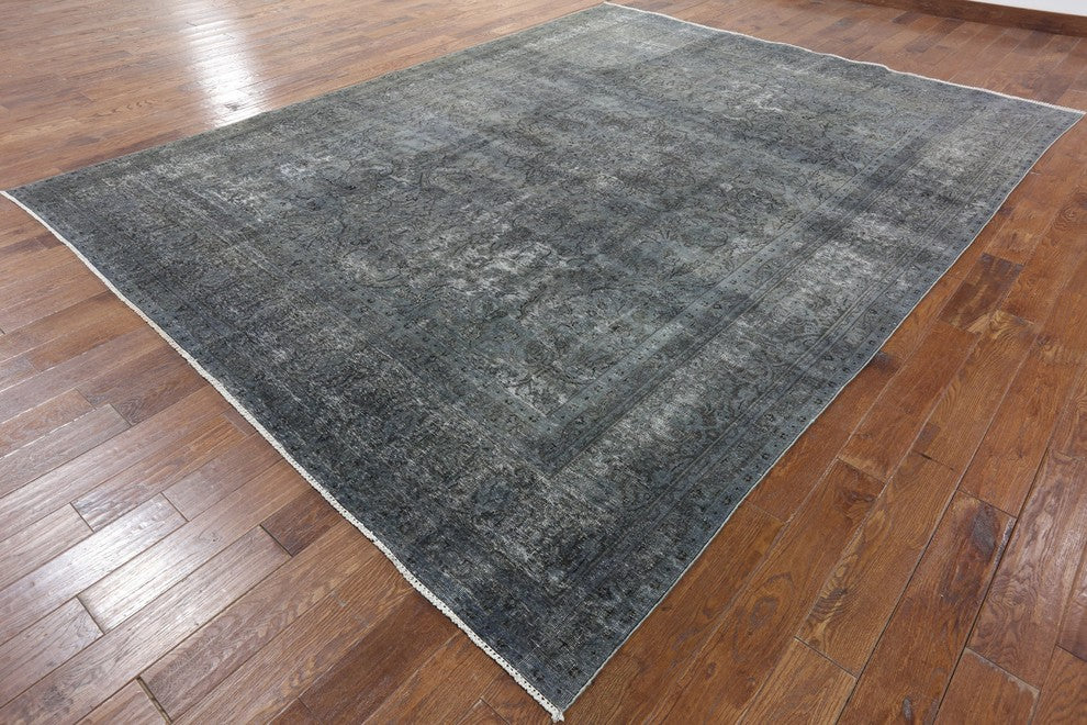 Overdyed Blue Oriental Hand-Knotted Wool Floral Rug, 10'x12'