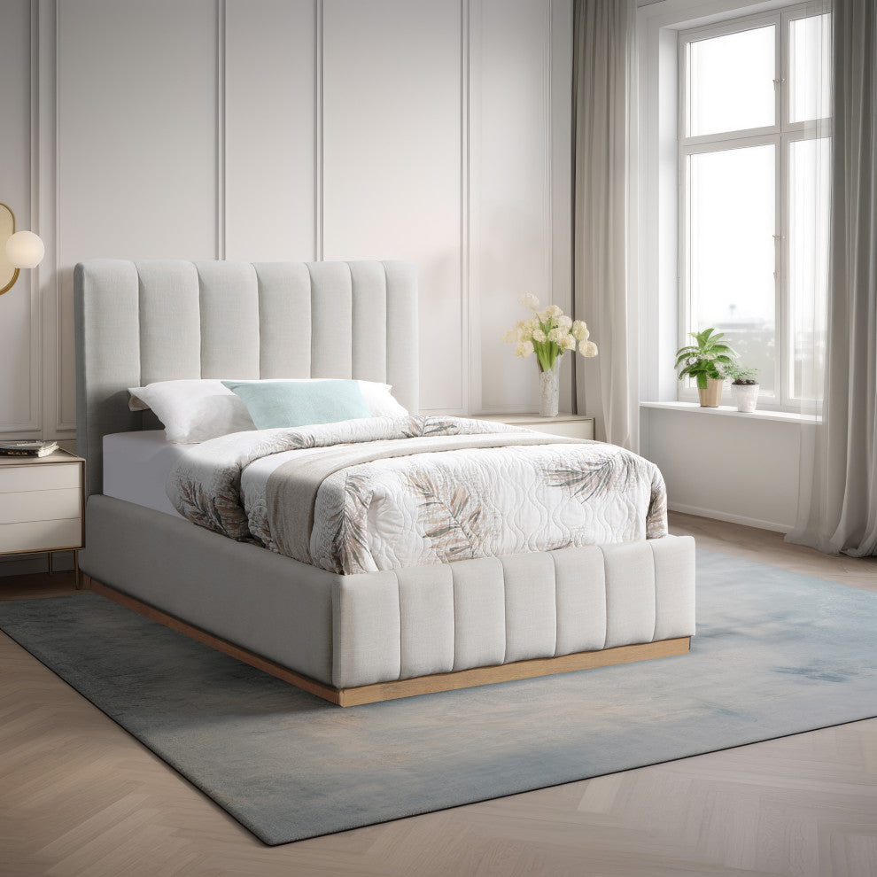 Lucia Beige Linen Textured Fabric Full Bed, Cream, Twin, Natural Finish