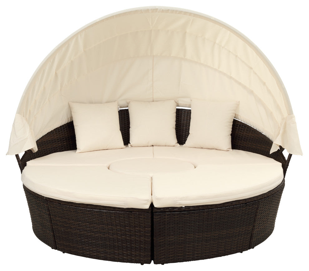 Round Outdoor Sectional Sofa Set Rattan Patio Daybed With Canopy, Beige