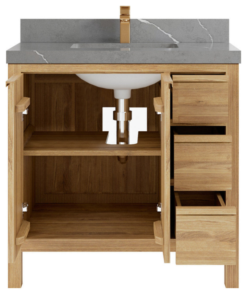 Elizabeth 36 Center Sink Bath Vanity in Light Natural Teak 2" Piatra Gray