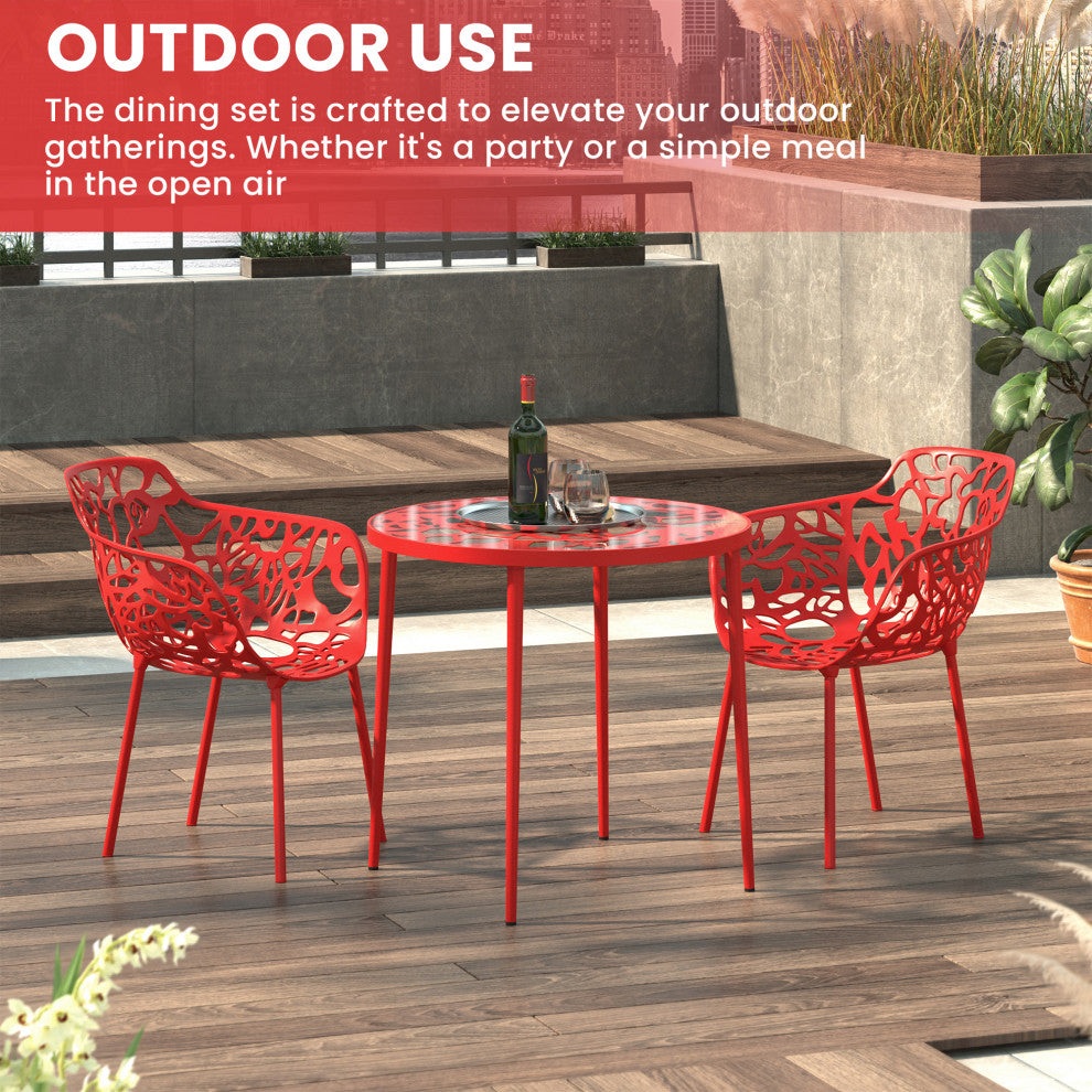 LeisureMod Devon Aluminum Patio Dining Set With Table and 2 Armchairs, Red
