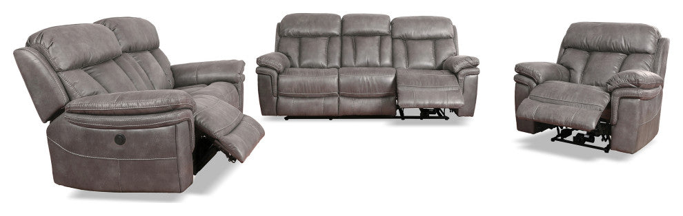 Estelle Power Reclining 3 Piece Living room Set, Gunmetal Fabric