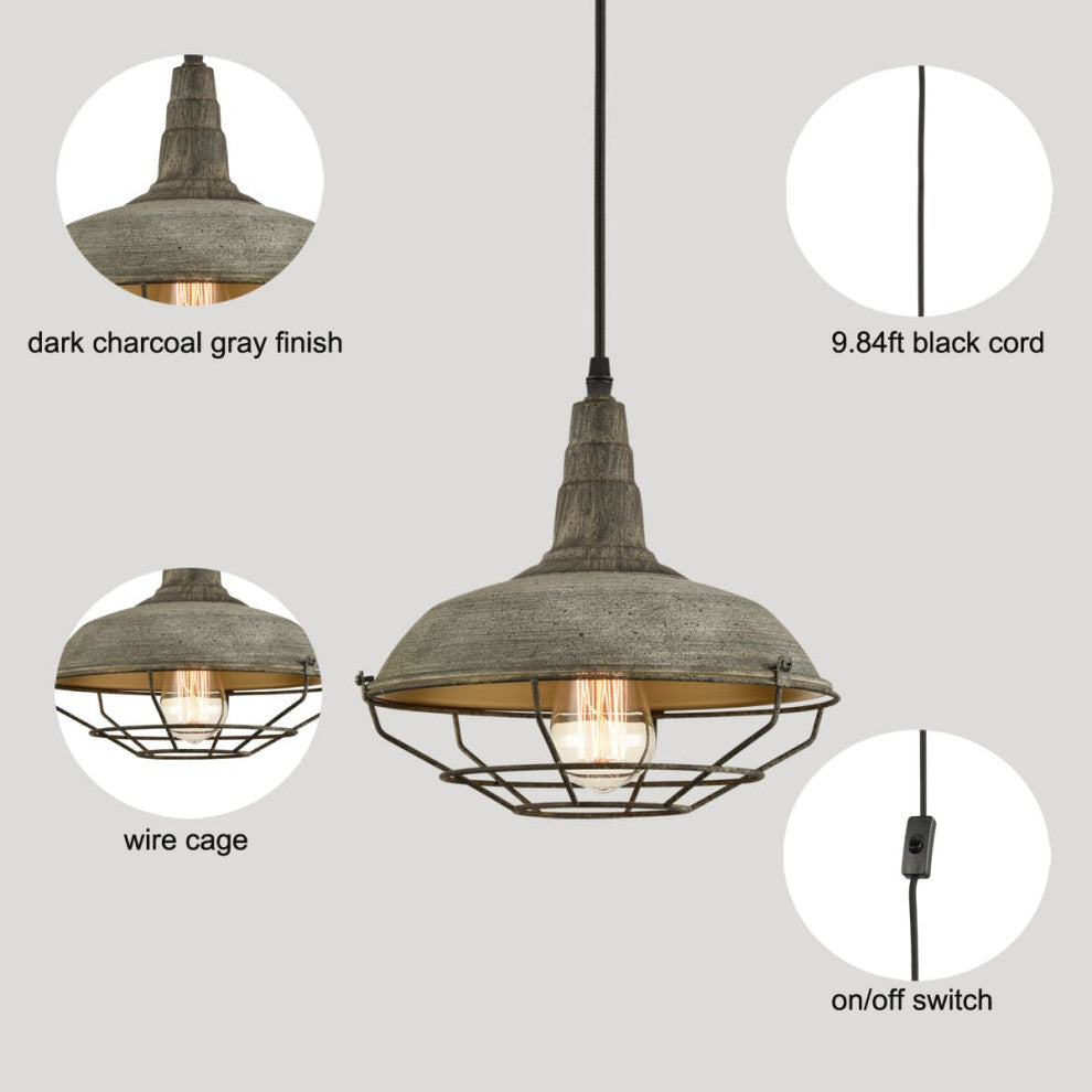 Farmhouse Plug-in Pendant Light Dark Grey Metal Cage Fixture