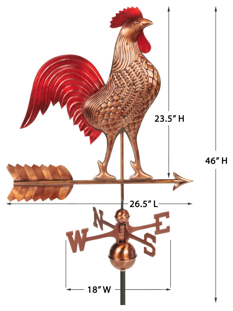 Large Rooster Weathervane Pure Copper Hand Finished Multi-Color Patina