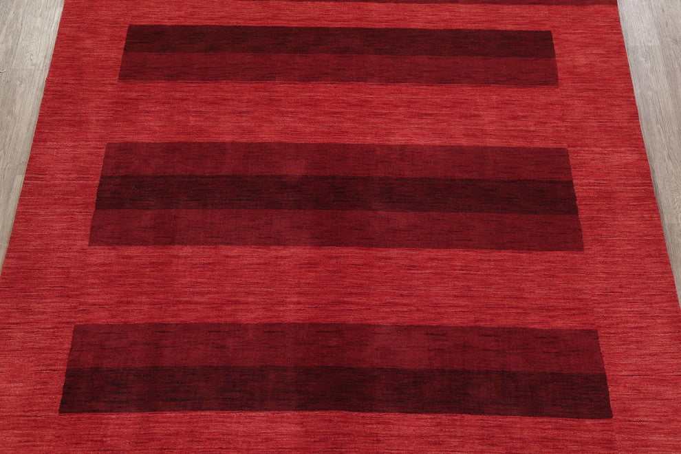 Gabbeh Striped Pattern Hand-Knotted Indian Oriental Rug, Red, 9'11"X8'2"