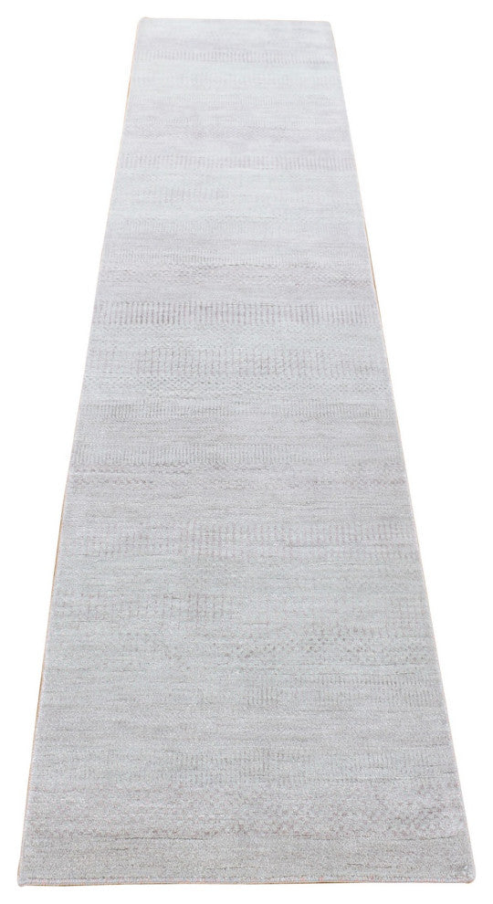 Gray Modern Grass Design Gabbeh Wool And Silk Hand Knotted Runner Rug 2'6"x11'3"