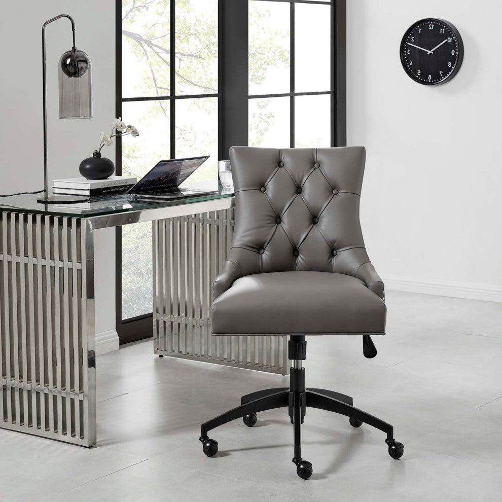 Computer Work Desk Tufted Chair, Faux Vegan Leather, Black Gray, Home Office
